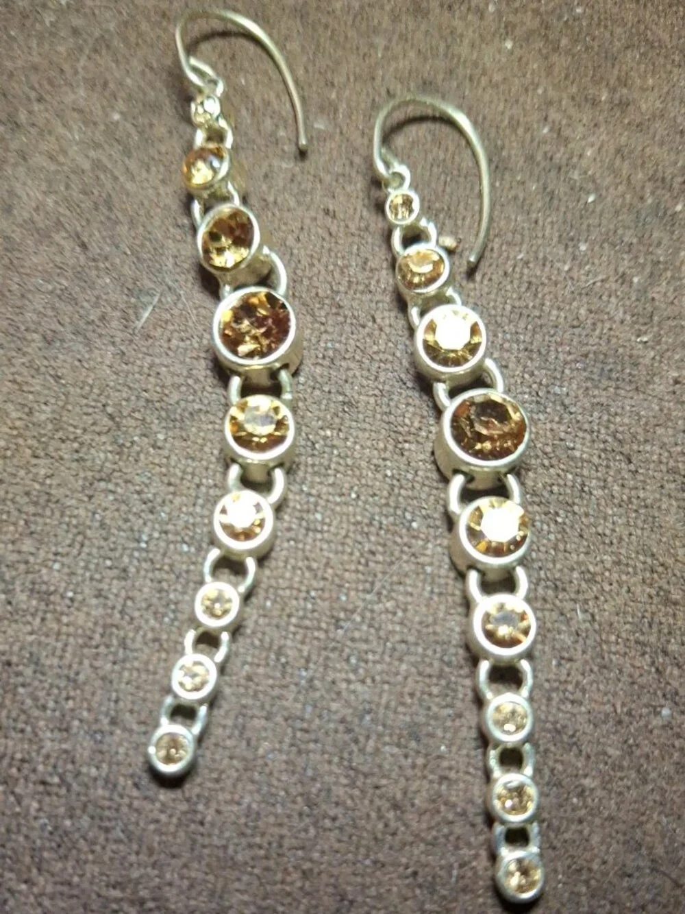 Vtg signed Graduated Dangle Hook crystal bezel Earrings signed F fossil?